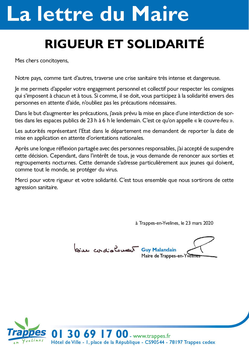 Lettre du Maire couvre feu