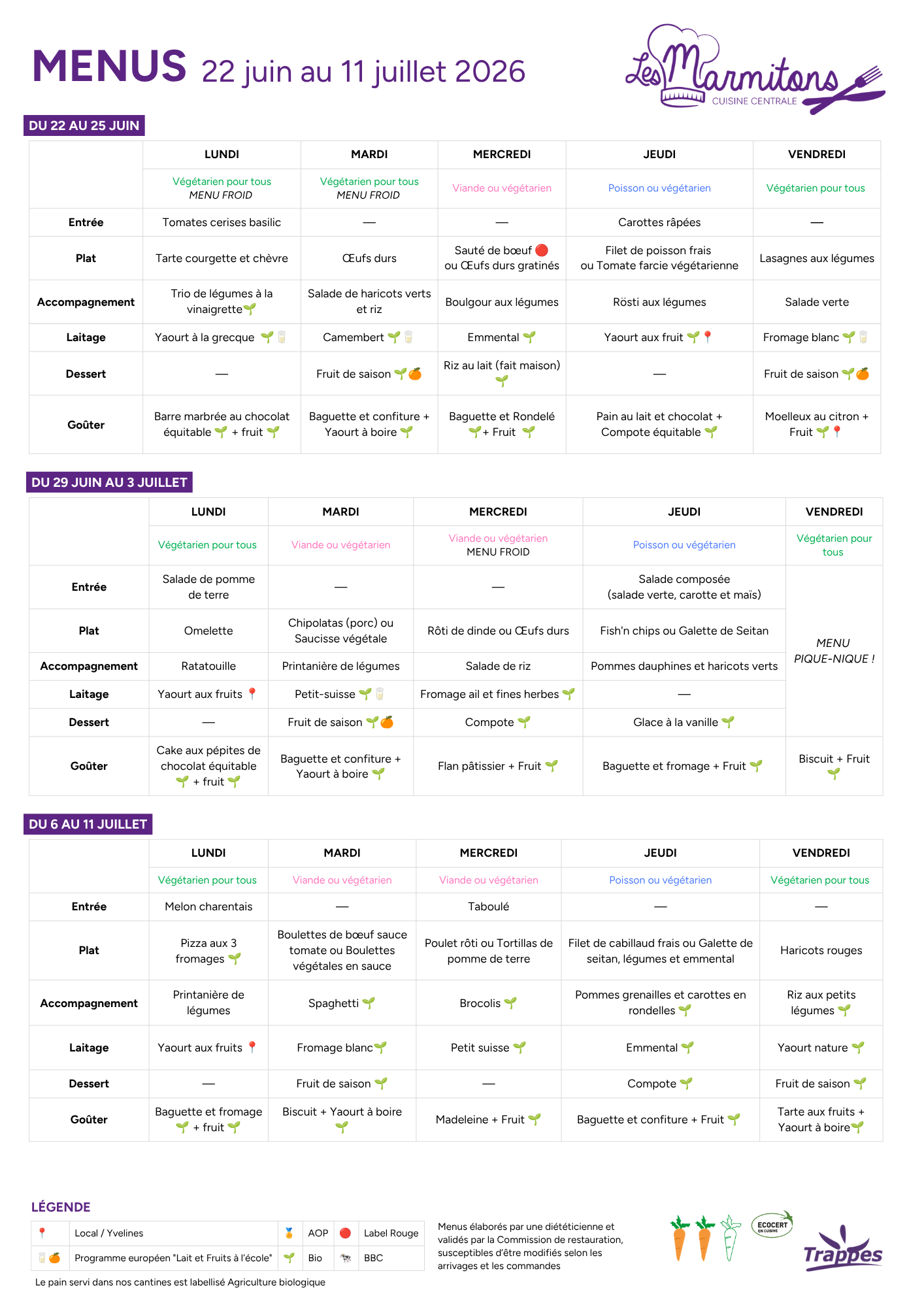 menus 22 juin au 11 juillet 2026