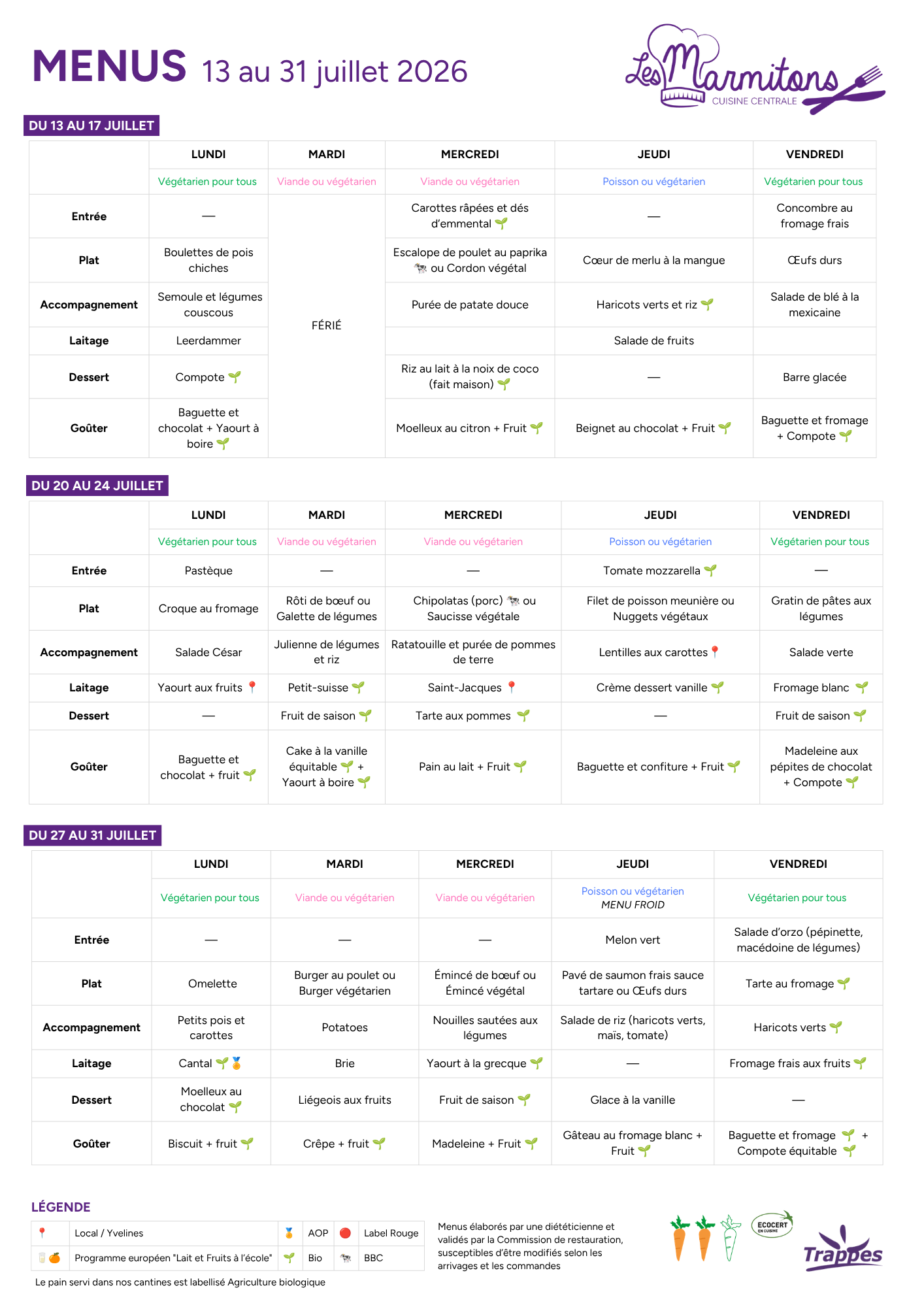 Menus du 13 au 31 juillet