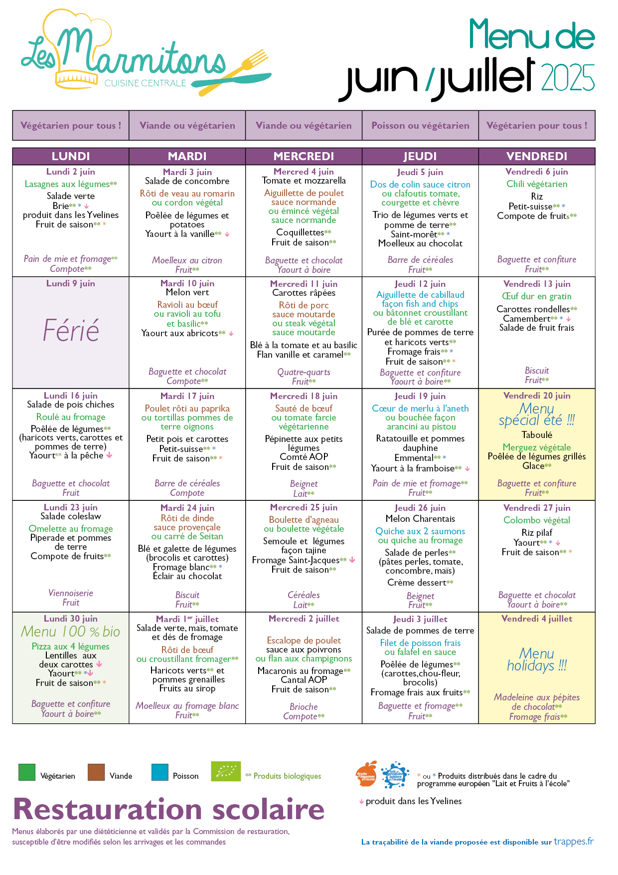 Menus de juin et juillet